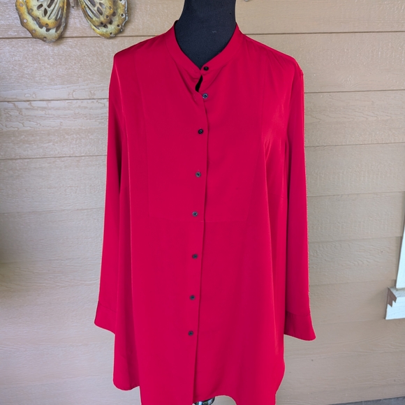 Lauren Ralph Lauren Bold Red Button Down Tunic Length Top - Picture 1 of 4